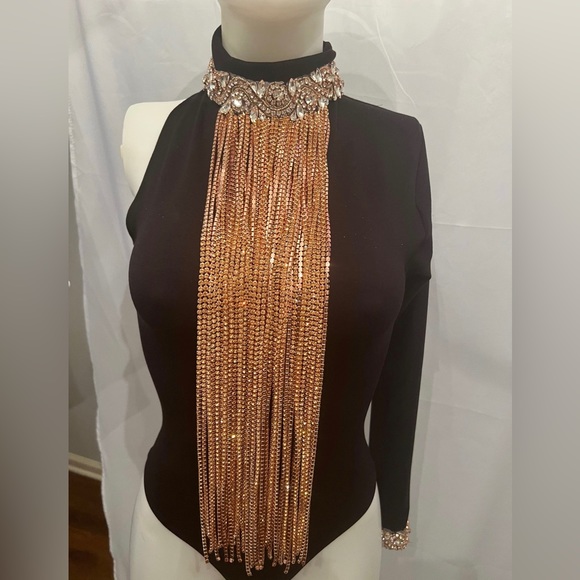 GORGEOUS Fancy By Francesca Watson Designer black bodysuit one sleeve with bling - Picture 3 of 5